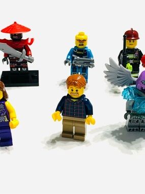 Lego Minifigure Set with Red, Yellow, Blue, Brown, Purple, Gray Details